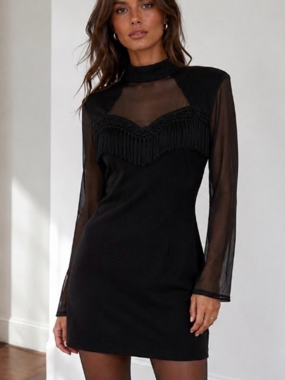 Vintage Hearts Black Fringe Sheer Mesh Bodycon Dress Goth Western 80s 90s